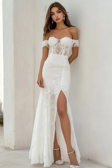 Off The Shoulder Lace White Engagement Dress with Slit